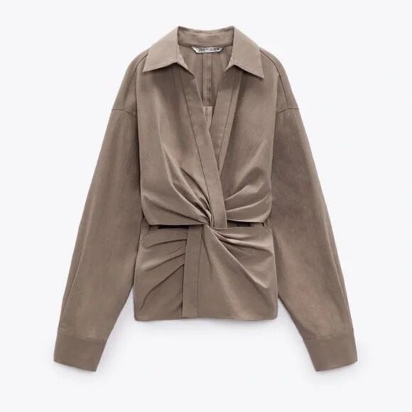 ZARA Cut Out Shirt Taupe Brown - Picture 9 of 14